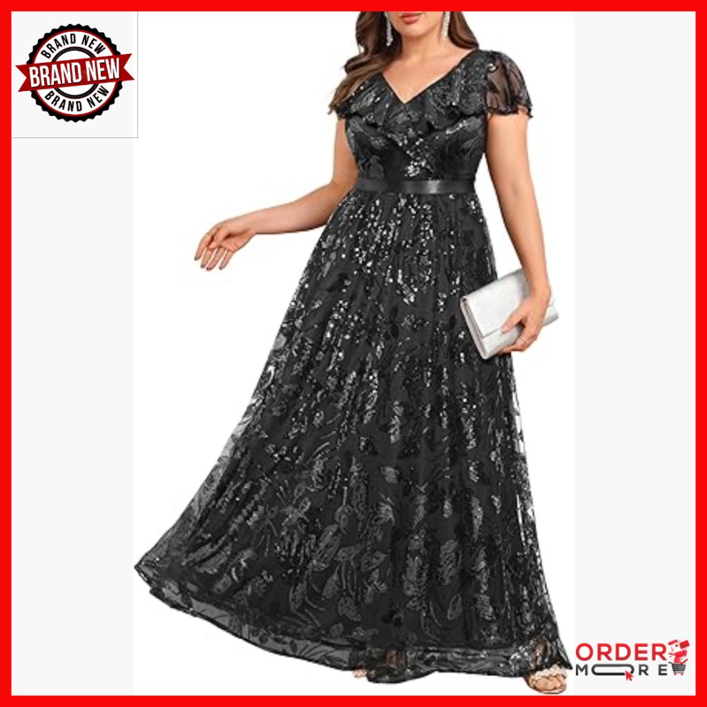 Plus Size Sequin Formal Evening Gown V-Neck Long Dress Wedding Guest Prom